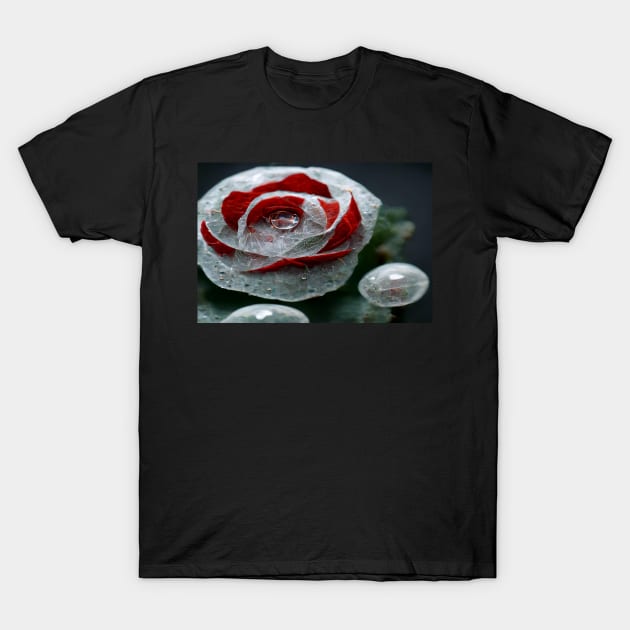 Red And White Rose With Raindrops, Macro Background, Close-up T-Shirt by Unwind-Art-Work